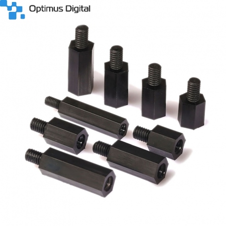 Pilon Hexagonal din Plastic, Negru, M3 de 5 mm cu Cap de 6 mm