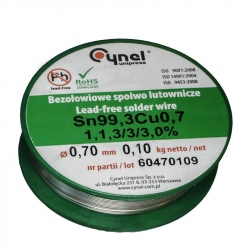 Fludor fără Plumb Sn 99,3 Cu 0,7 - 1.1.3 / 3 / 3.0% (Cu1) cu Diametrul de 0.7 mm (100 g)