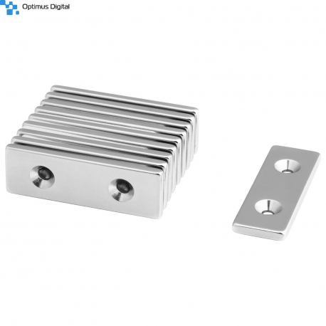 Magnet Paralelipipedic din Neodim 60x20x4 cu Gaura pentru Surub cu Cap Ingropat
