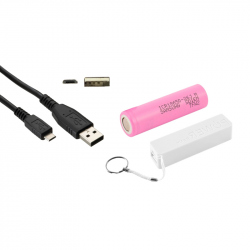 White PowerBank Case, Samsung 2600 mAh 18650 Battery and Micro USB Cable (PACK)