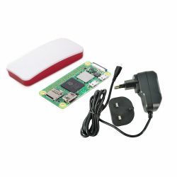 (Pack) Raspberry Pi Zero 2 W + Plusivo 5 V, 3 A Power Supply and White and Red Case with Camera Adapter Cable
