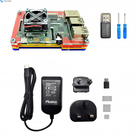 (pack) Raspberry Pi 4 Model B/2GB + Multicolor Case with Cooler and Plusivo Power Supply 5 V, 3 A