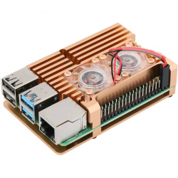 Carcasă Radiator pentru Raspberry Pi 4 (Aurie, cu Ventilator Dual)