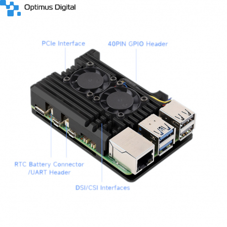 Carcasă Radiator pentru Raspberry Pi 5 (Neagră, cu Ventilator Dual)